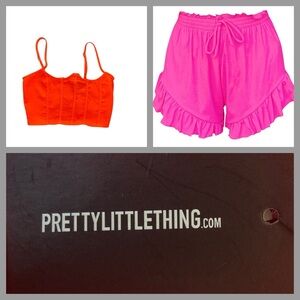 Pretty Little Thing Lot of 2 Hot Pink Shorts & Hot Coral Crop Top Both NWT S